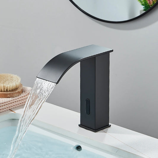 Black Smart Sensor Bathroom Basin Faucet Touchless Automatic Sense Mixer Tap Waterfall Hot Cold Water Washbasin Crane
